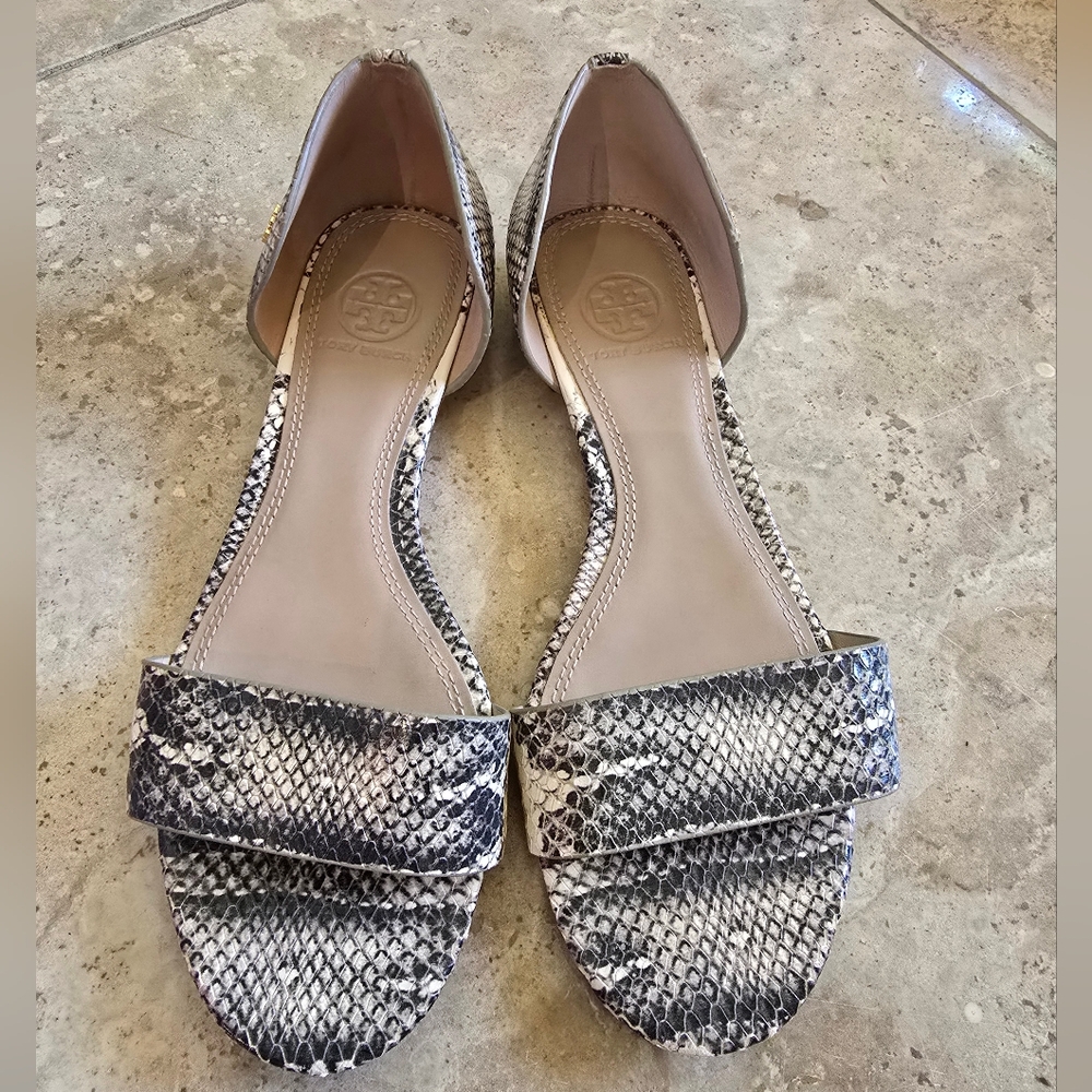 Tory Burch Savannah Flats Snake Print Leather Black/ivory Size 7.5